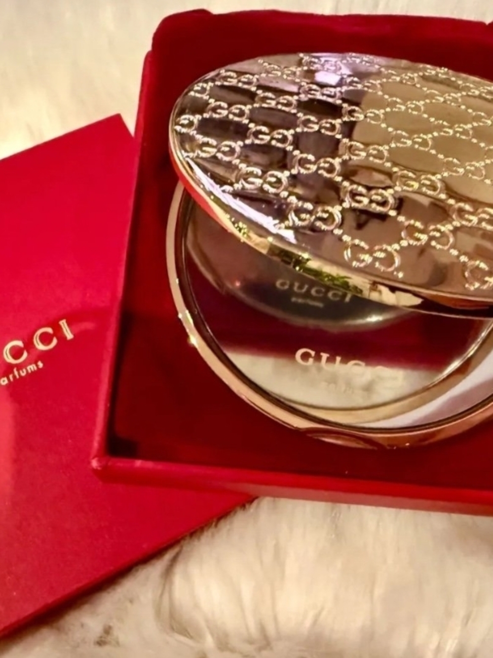 Gucci Gold Embossed GG Compact Mirror with Red Box
